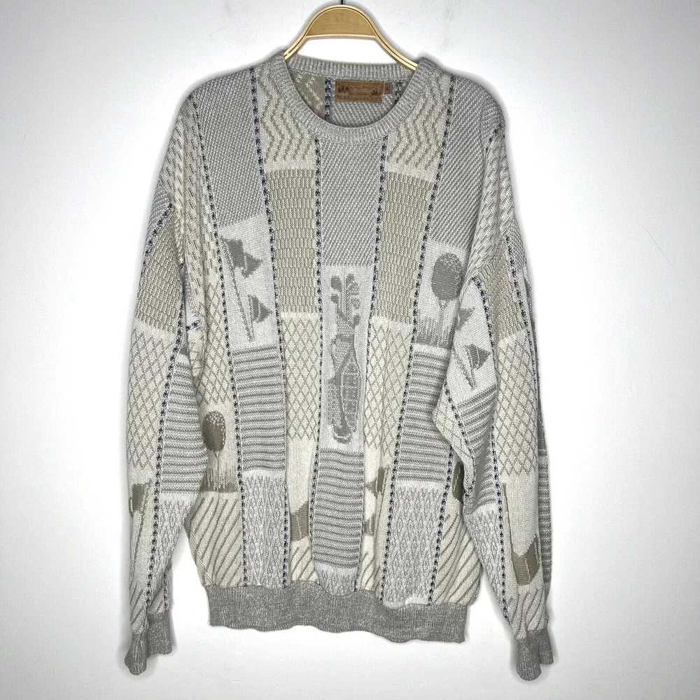 VTG Shenandoah Golf Textured 3D Grandpa Sweater Beige Embroidered USA Sz XL